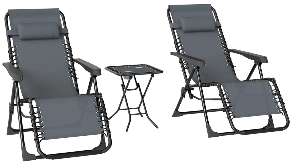 Outsunny Conjunto de 2 Espreguiçadeiras Jardim Dobráveis com Mesa Auxiliar Porta-Copos e Encosto Ajustável 90x65x110 cm Cinza | Aosom Portugal