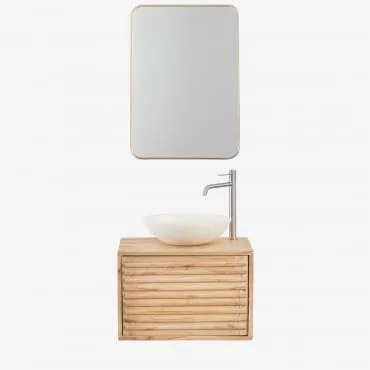 Conjunto De Móvel De Casa De Banho Suspenso Em Madeira Deleyna Madeira Natural & Cimento Redondo Branco Ø40 Cm Zavion & Retangular Dourado - Sklum