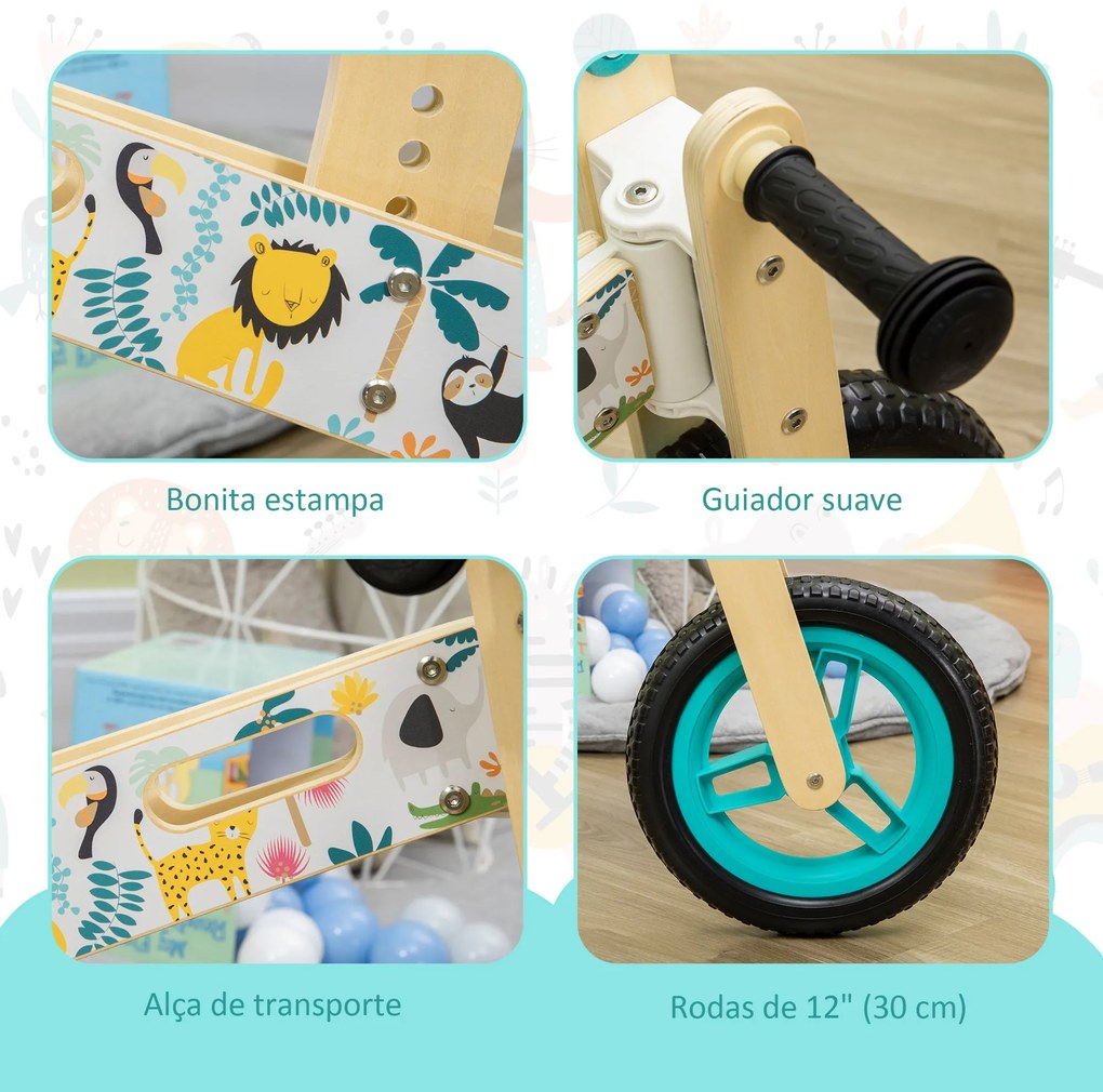 AIYAPLAY Bicicleta sem Pedais de Madeira para Crianças de 3-6 Anos com Assento Ajustável 34-40cm Bicicleta de Equilíbrio Infantil com Rodas de 12" Car