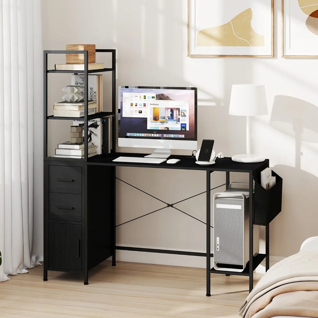 Secretária de escritório : 145 x 50 x 147,5 cm com luzes LED e tomadas elétricas Suporte para CPU e bolso de tecido preto