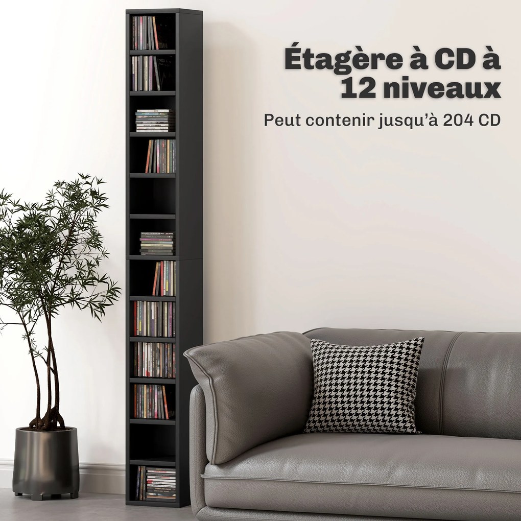 Organizador para CD e DVD com 12 compartimentos, capacidade máxima de 204 CD, 21 x 20 x 175 cm, preto
