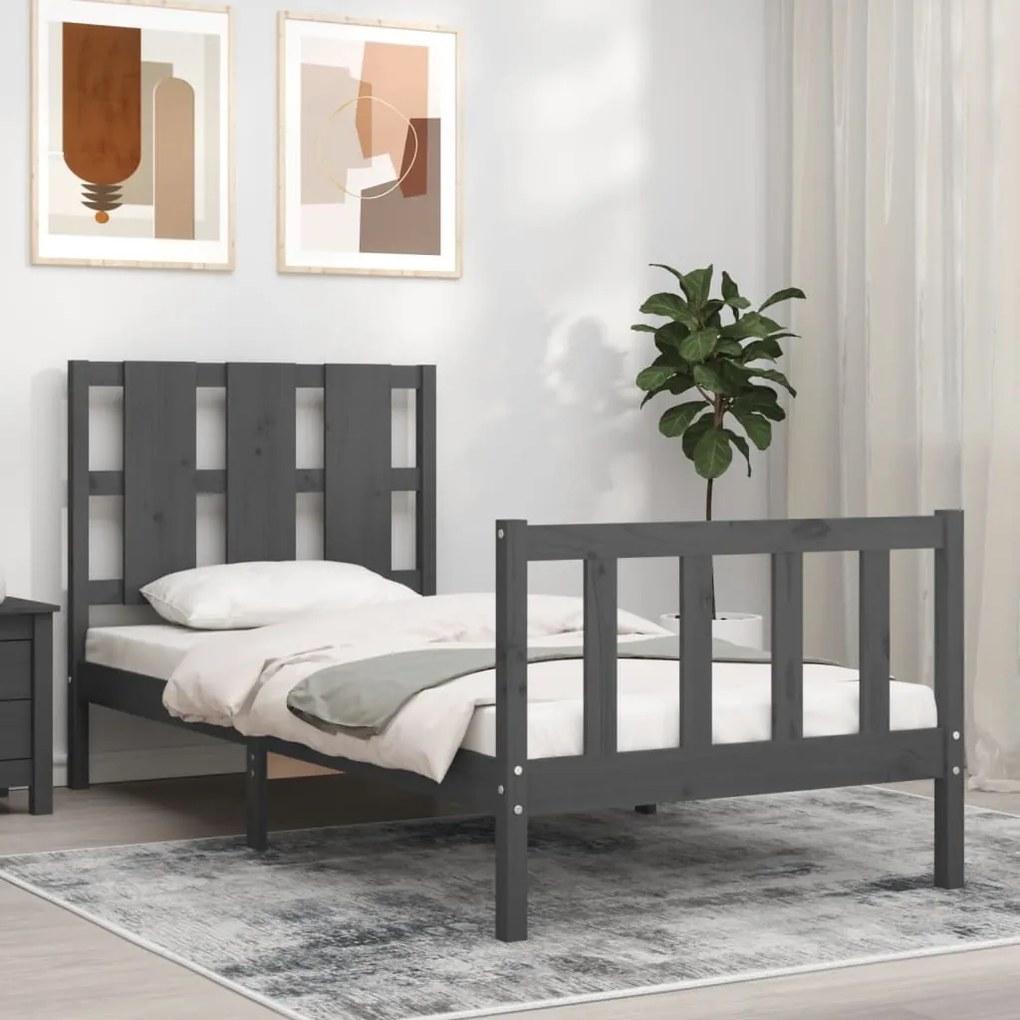 vidaXL Estrutura de cama com cabeceira 90x200 cm madeira maciça cinza