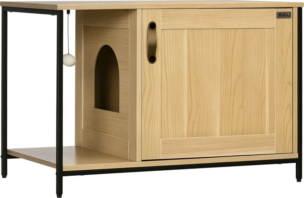 Móvel para Casa de areia para gatos (NÂO INCLUIDA) com porta lateral, bola suspensa e estrutura em aço com acabamento em madeira clara