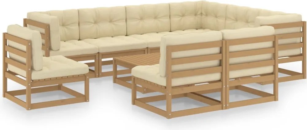 10pcs conj. lounge ext. c/ almofadões pinho maciço castanho-mel