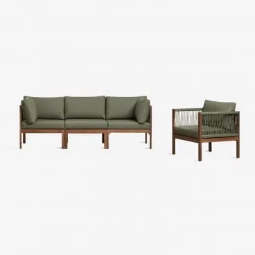 Conjunto De Sala Com Sofá Modular De 3 Peças Com Apoios De Braço E Poltrona Em Madeira De Acácia Branson Verde Oliva Intenso - Castanho Acacia Escuro