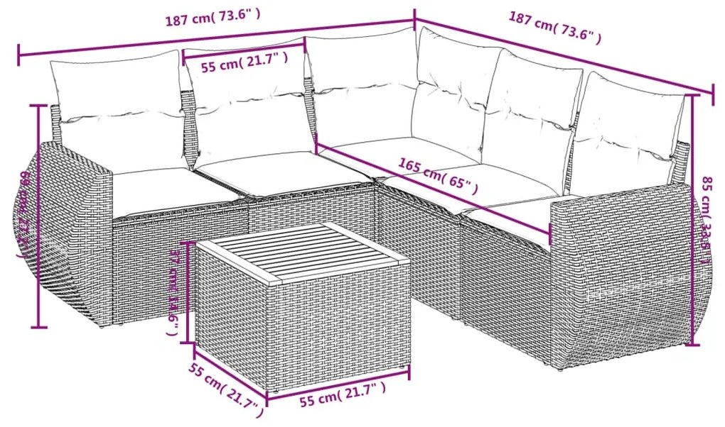 6 pcs conjunto sofás de jardim c/ almofadões vime PE preto