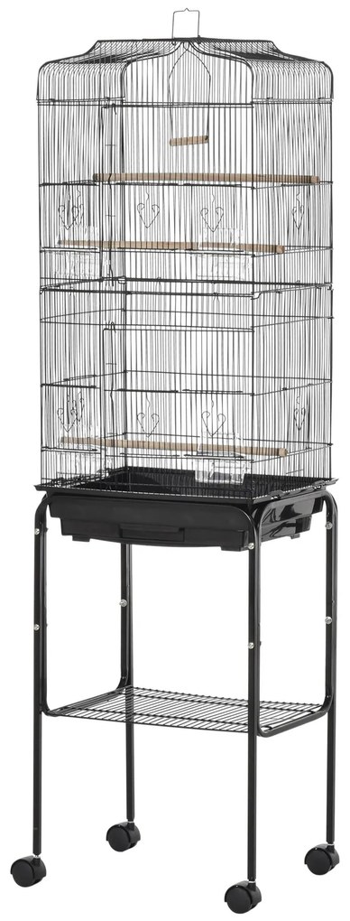 PawHut Gaiola para Passáros com Suporte Gaiola Metálica de Aves Canários com 4 Rodas Portas 4 Comedouros 3 Poleiros Bandeja Removível e Prateleira Inferior 46,5x36x157cm Preto