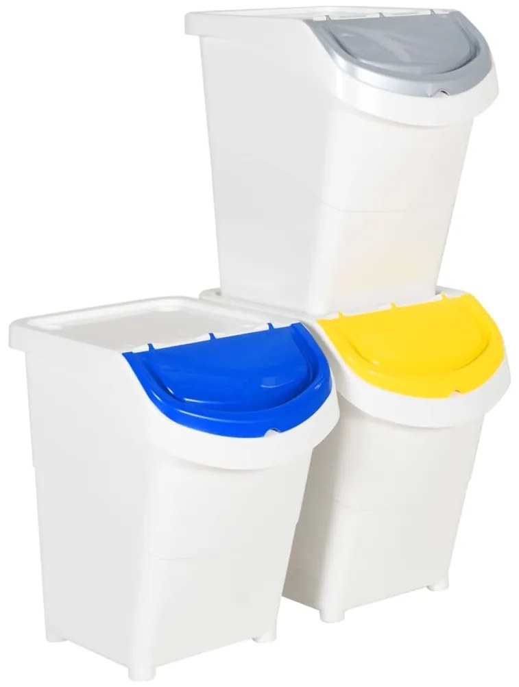 Caixotes do lixo com tampa empilháveis 3 pcs 120 L PP branco