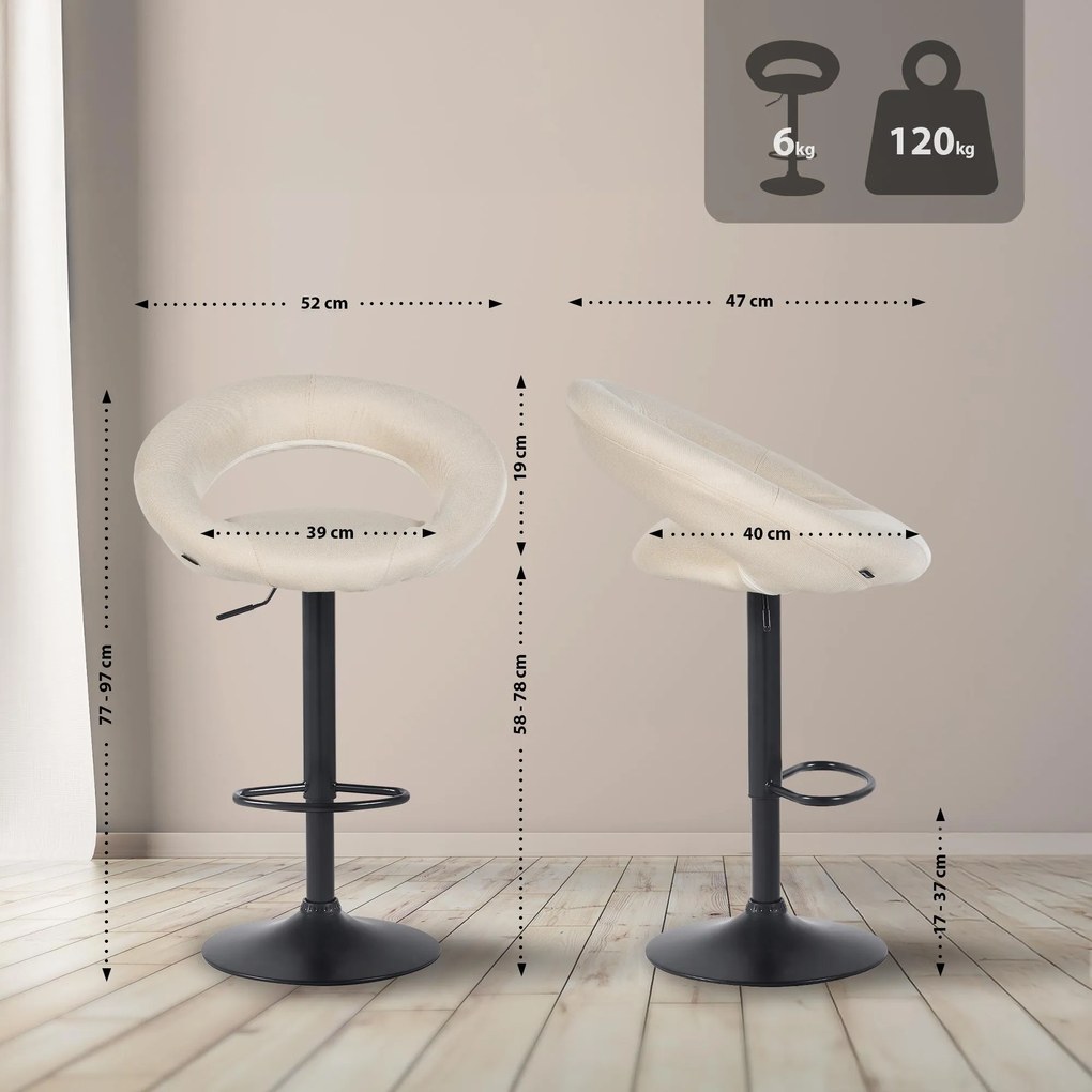 Conjunto de 2 bancos de bar Olinda em tecido e com estrutura preta 52 x 77-97 x 47 cm Creme