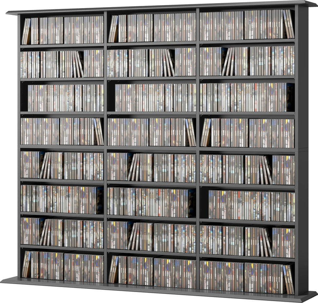 Móvel de arrumação 145 (L) x 24 (P) x 126,3 (A) cm para 1032 CDs / 594 DVDs, estante multimédia, 24 compartimentos e 18 prateleiras ajustáveis, preto