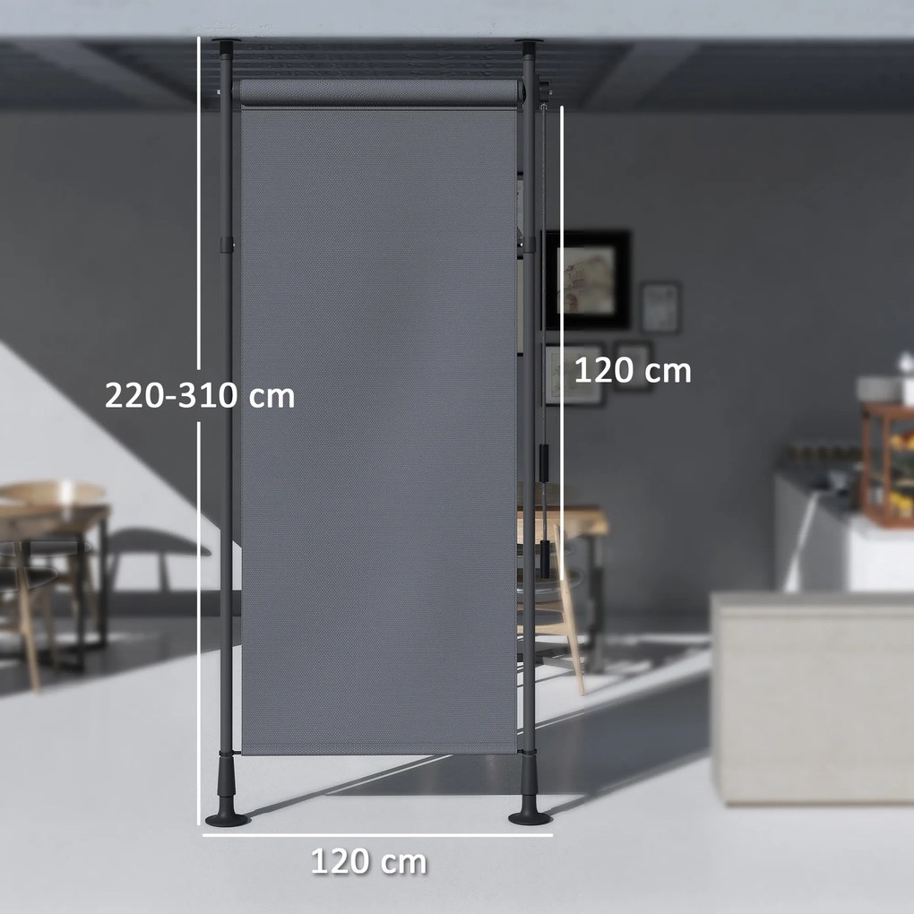 Toldo manual retrátil com suporte 120 L x 220-310 A cm, comprimento ajustável, manivela, instalação sem perfuração, metal de alumínio, poliéster cinze