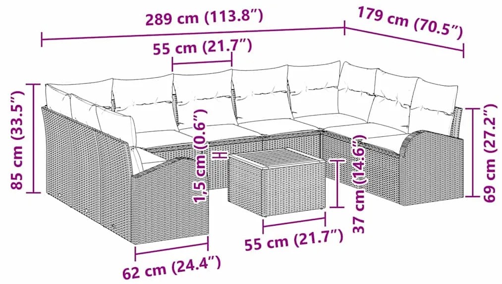 Conjunto de Sofá de Jardim com 10 Peças e Almofadas Pretas