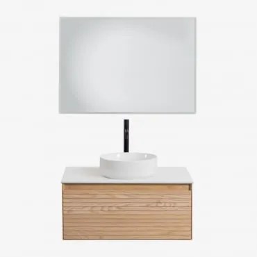 Conjunto De Móvel De Casa De Banho Suspenso 80x50 Cm Em Madeira De Freixo Tedrik Castanho Fresno & Cerâmica Redonda Branca Ø40 Cm - Sklum