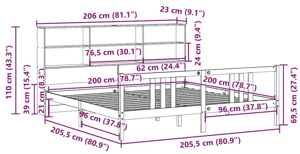 Cama com estante sem colchão 200x200 cm pinho maciço