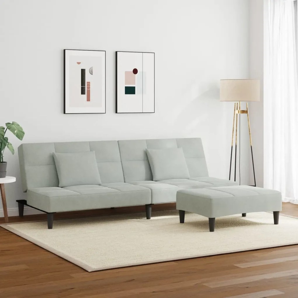 Sofá-cama 2 lugares c/ apoio de pés veludo cinza-claro