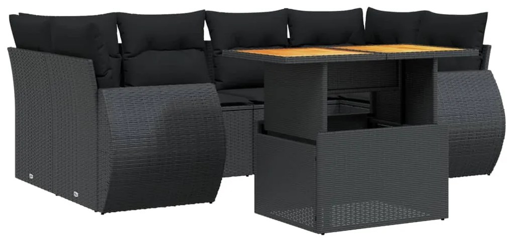 7 pcs conjunto de sofás p/ jardim c/ almofadões vime PE preto