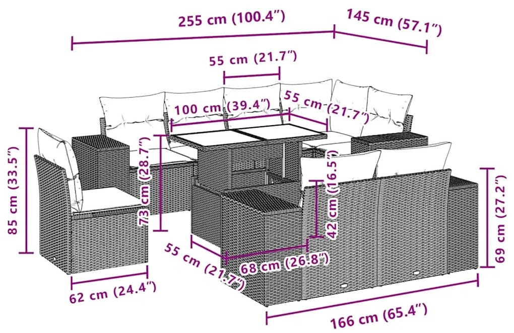 9 pcs conjunto de sofás p/ jardim c/ almofadões vime PE preto