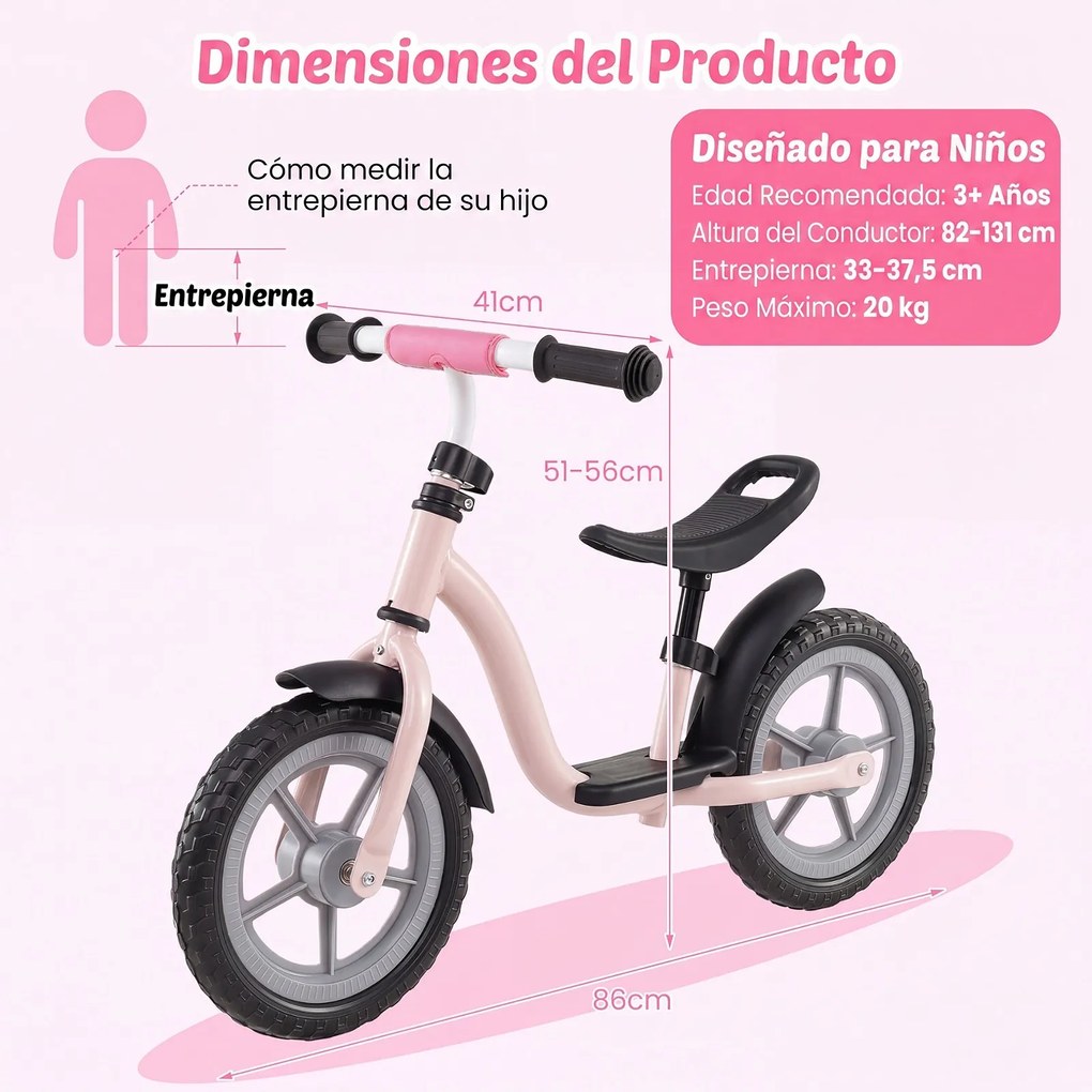 Bicicleta de Equilíbrio sem Pedais para Crianças, 86 x 41 x 51-56 cm, Guiador e Selim Reguláveis, Rosa