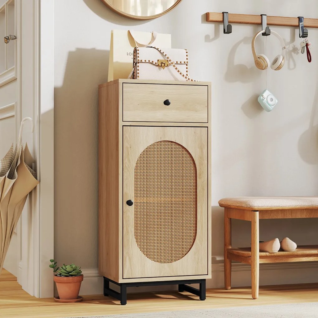 Armario arrumação de rattan PE com gaveta deslizante Porta de rattan PE Suporte metálico com pernas ajustáveis para sala de estar Quarto Hall de entra