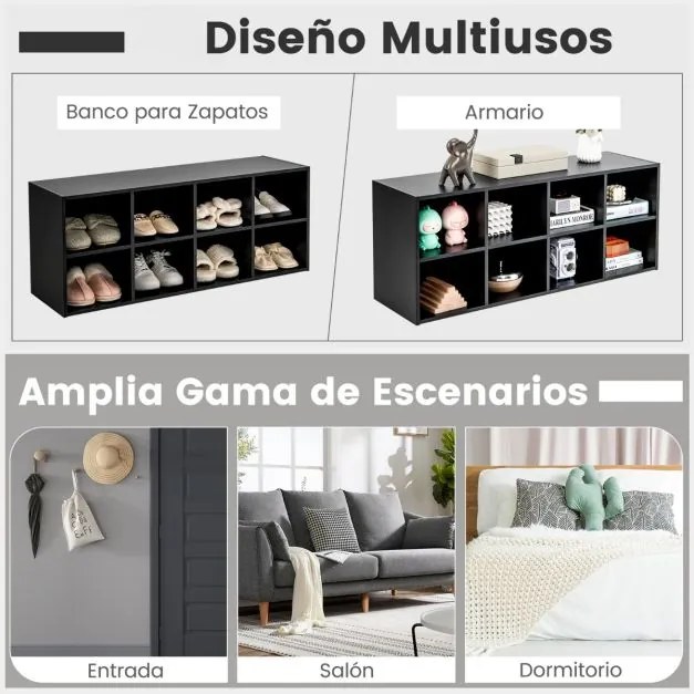 Banco sapateira com 8 cubos Armário de arrumação Estante de entrada Sala de estar Quarto Estante Carga 230 kg Preto