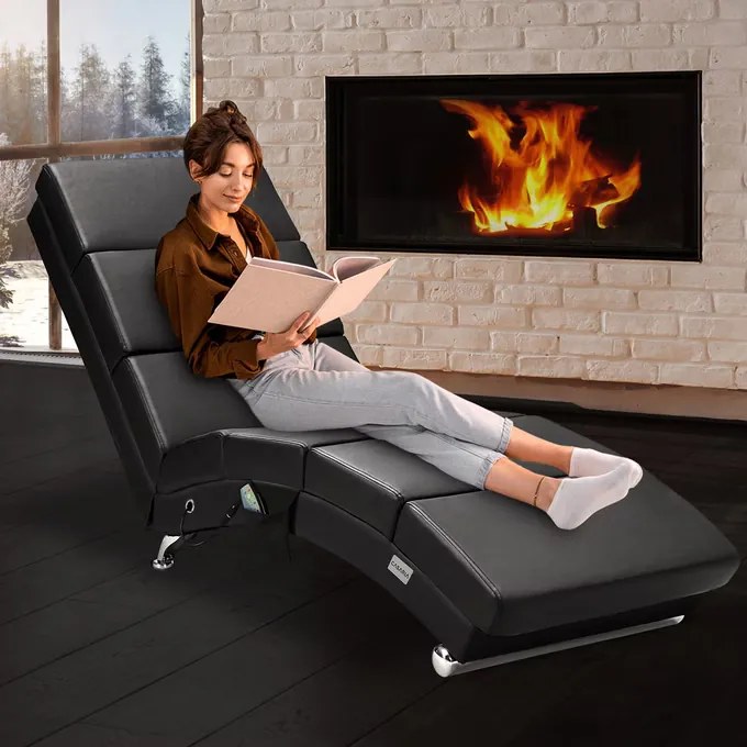 Espreguiçadeira London em couro sintético preto com função de massagem e aquecimento 186x55x89 cm Preta