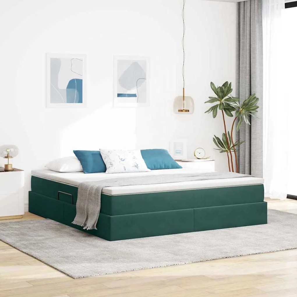 vidaXL Cama com arrumação e colchão Verde Escuro 160 x 200 cm Veludo