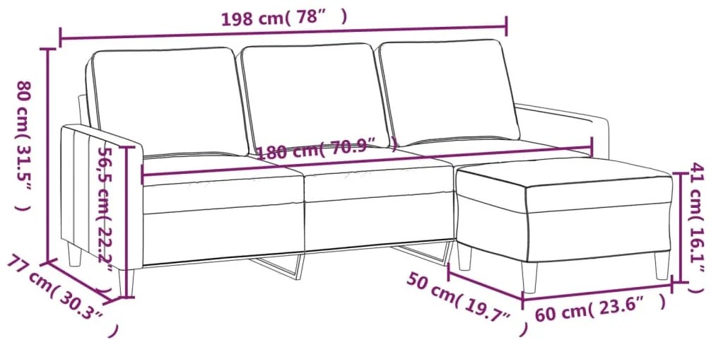 Sofá de 3 lugares com apoio de pés 180 cm veludo cinzento-claro