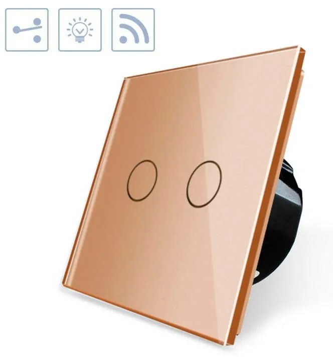 Interruptor Comutador tátil 2 botões + função controlo remoto, Painel frente dourado vidro temperado