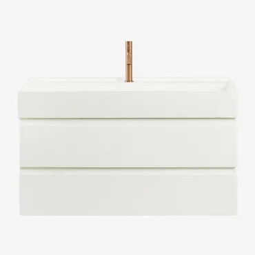 Conjunto De Móvel De Casa De Banho Suspenso Em Madeira E Folha De Freixo Com Lavatório Integrado Ona Branco & Sem Espelho & - Sklum