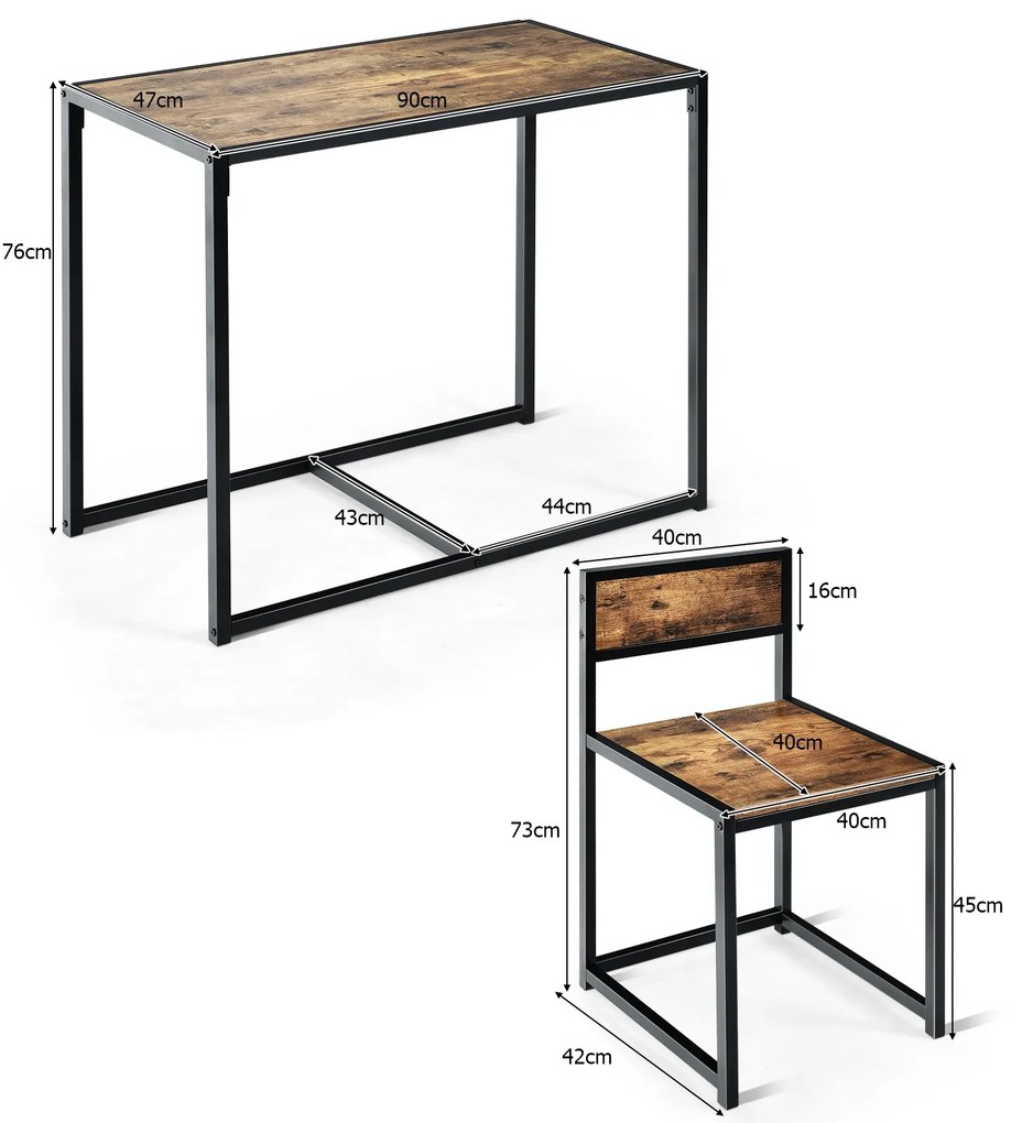 Conjunto com Mesa Compacta e 2 Cadeiras com Estrutura Metálica para Pequenos Espaços Cozinha Sala de Jantar Castanho rustico e preto