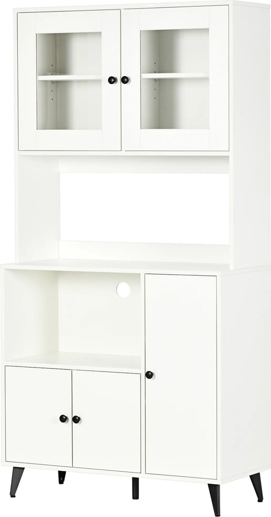 Armário de cozinha com 3 compartimentos 90 x 40 x 180 cm, compartimentos abertos, prateleiras ajustáveis, portas com vidro, passacabo, branco