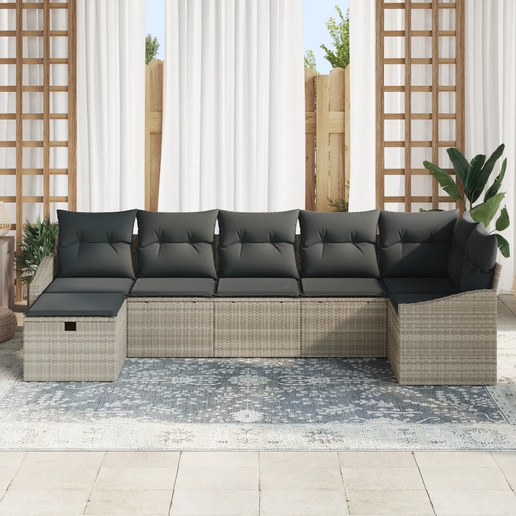 Conjunto de Sofá de Jardim de 7 peças com Almofadas Cinza Claro Poliés