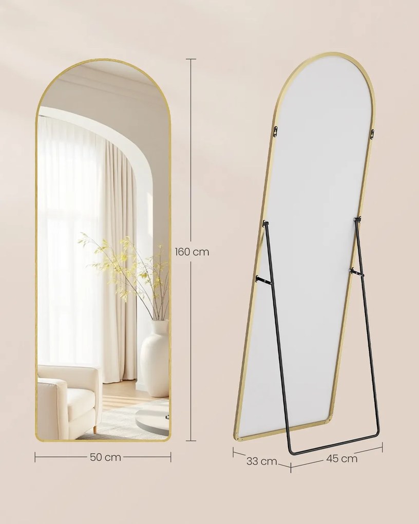 Espelho Pé de corpo inteiro de 160 x 50 cm com moldura arqueada em vidro temperado dourado