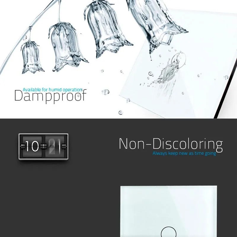 Frente interruptor tátil 3 módulos 2 botões, Painel branco vidro temperado