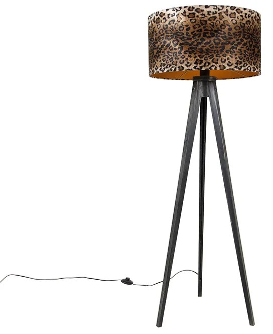 Candeeiro de pé tripé preto com abajur leopardo 50 cm - Tripod Classic Clássico / Antigo