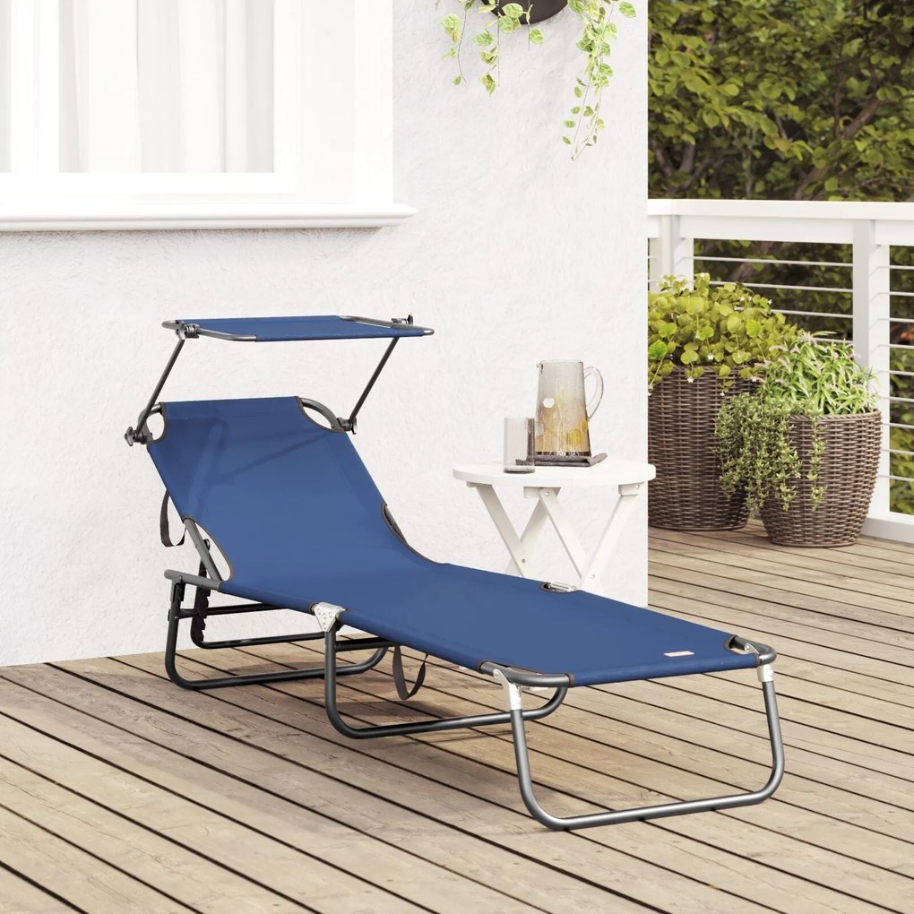 Espreguiçadeira Dobrável com Toldo Azul de Tecido Oxford 600D