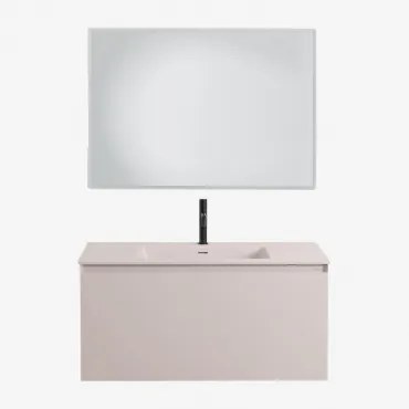 Conjunto De Móvel De Casa De Banho Suspenso Em Madeira Com Lavatório Integrado Macrae Crema Linho & Led Retangular E Anti-embaciamento 100x70 Cm Riben