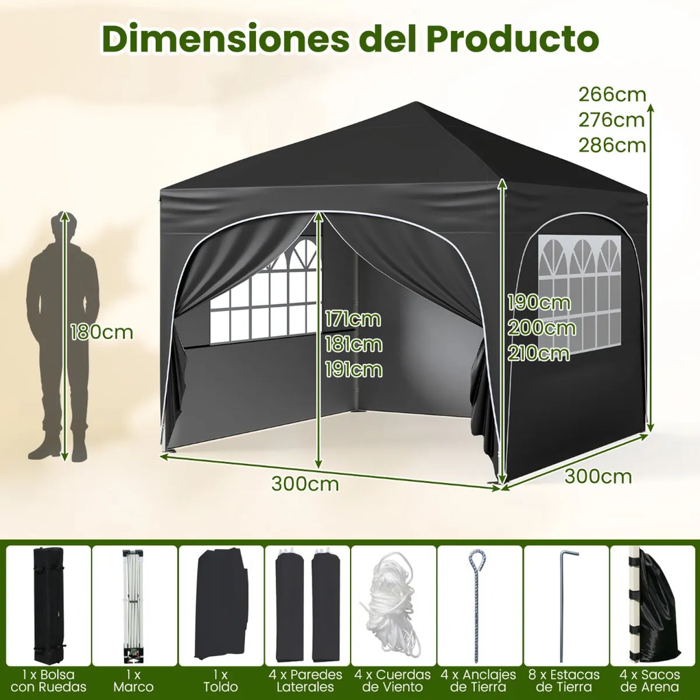 Tenda de 3 x 3 m com 4 paredes laterais removíveis Tenda de jardim, festas e eventos Inclui bolsa e 4 x Sacos de areia com rodas 8 estacas 4 âncoras P