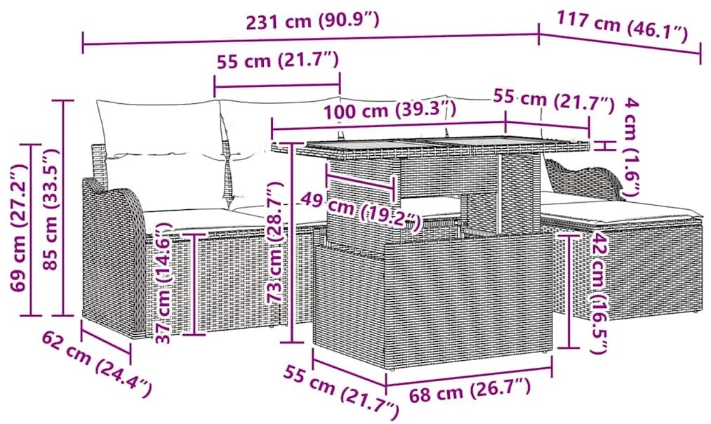 Conjunto de Sofá de Jardim 6 Peças com Almofadas Bege em Rattan Sintét