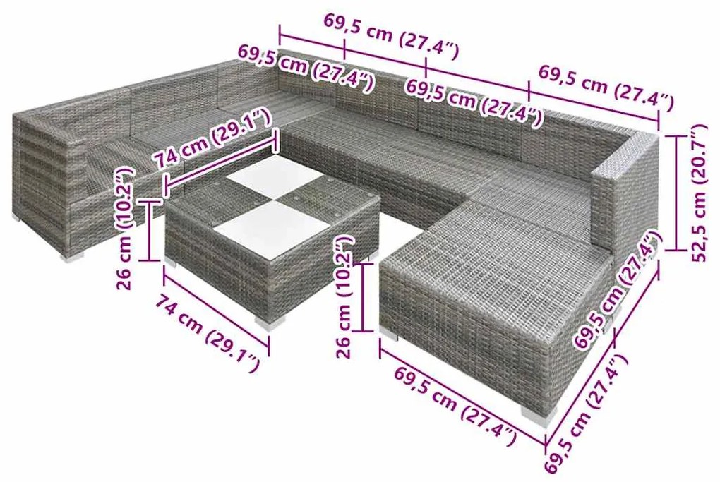 8 pcs conjunto lounge de jardim c/ almofadões vime PE cinzento