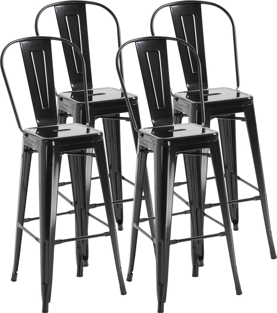 Conjunto de 4 bancos de bar empilháveis, estilo industrial, com encosto e apoio para os pés, altura do assento de 76 cm, em metal preto