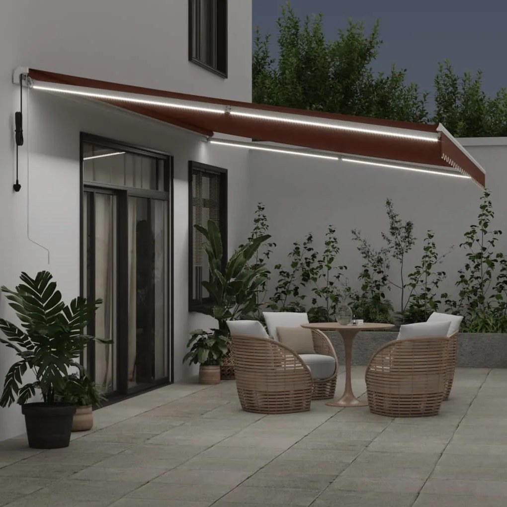 Toldo retrátil automático com luz LED 600x300 cm castanho