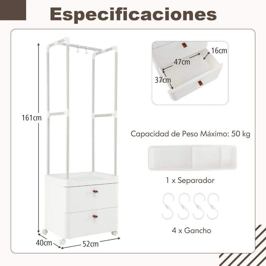 Guarda Roupa com 2 Gavetas Rodas Barra de Pendurar 4 Ganchos para Hall de Entrada Quarto Vestiário Branco