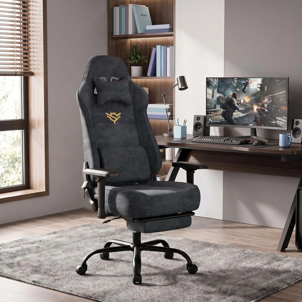 Cadeira de gaming em imitação de camurça com apoios de braços 4D, apoio para os pés e mola ensacada, até 200 kg, cinzento antracite