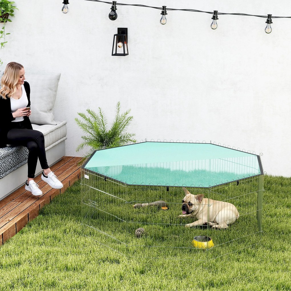 Parque para cães com 60 cm de altura, com 8 painéis e cobertura, modular e dobrável, recinto portátil e porta verde e prateada