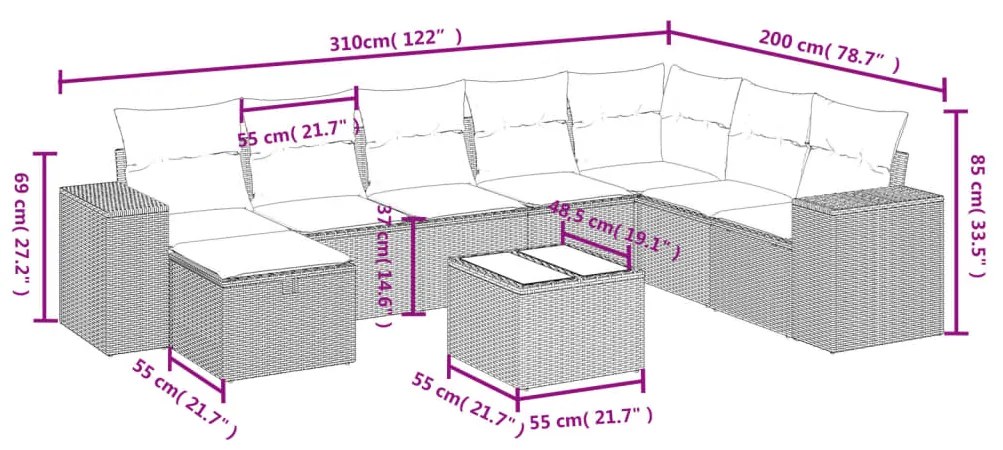 9 pcs conj. sofás jardim com almofadões vime PE cinzento-claro