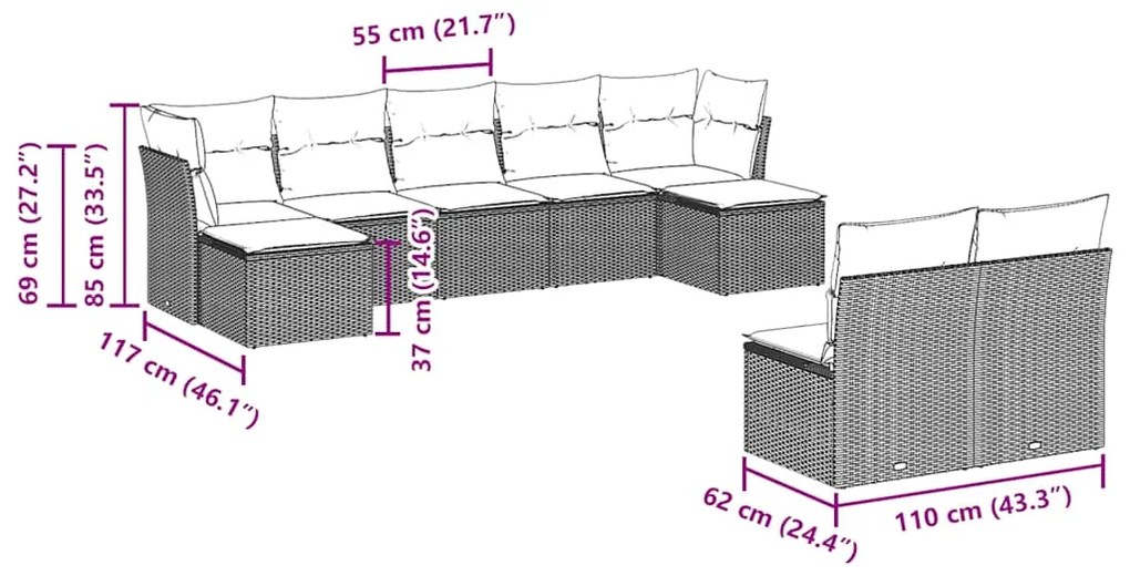 9 pcs conjunto de sofás p/ jardim c/ almofadões vime PE preto