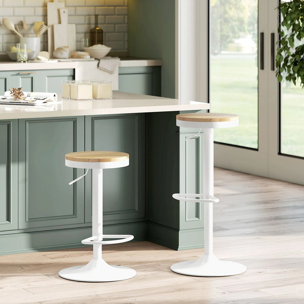 Conjunto de 2 Bancos de Bar Giratórios Bancos Altos de Cozinha com Descanso para Pés 38,5x38,5x60-80 cm Madeira e Branco