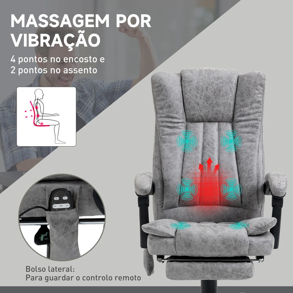 Cadeira de Escritório com 6 Pontos de Massagem Giratória Encosto Reclinável 135º Função de Aquecimento 62x67x113-120 cm Cinza