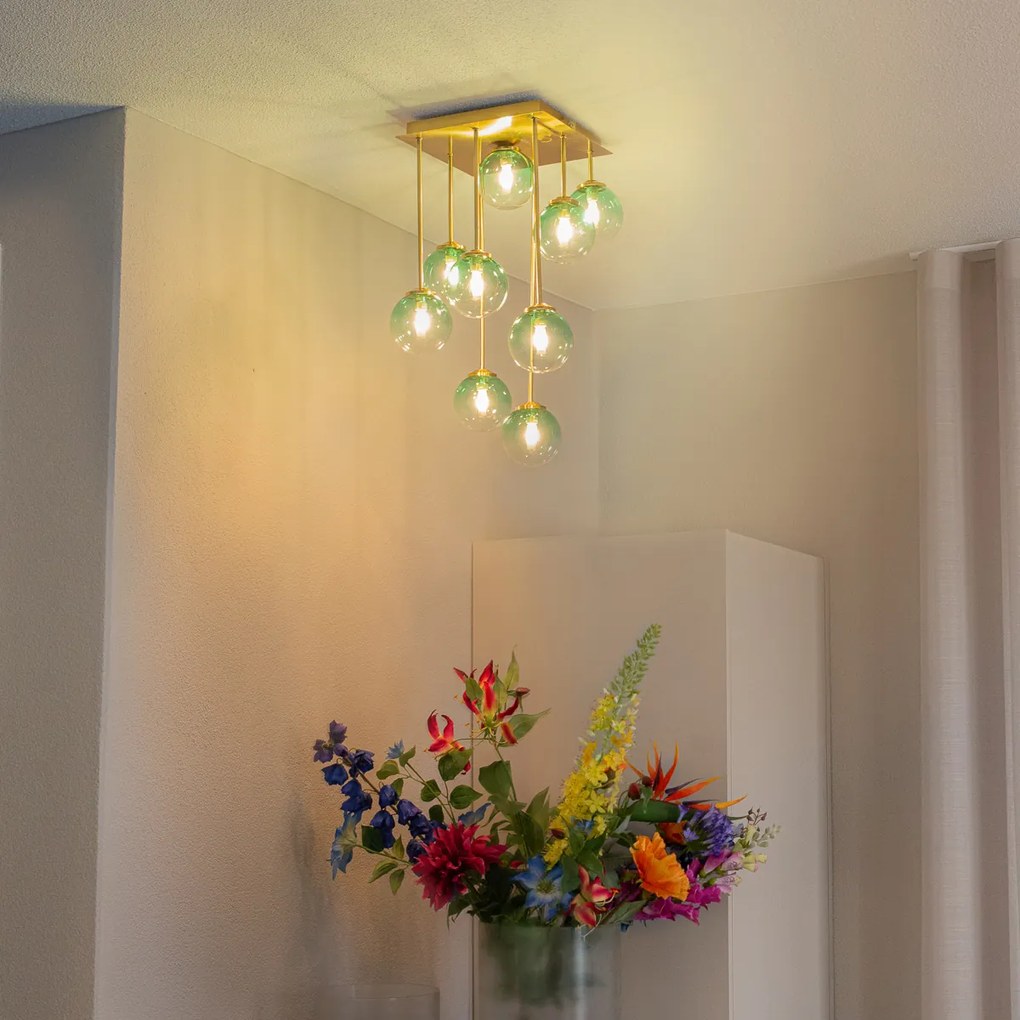 Candeeiro de teto Art Déco dourado com vidro verde 9 luzes - Athens